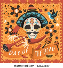 Day Of The Dead Poster, Mexican Sugar Skull With Instrument