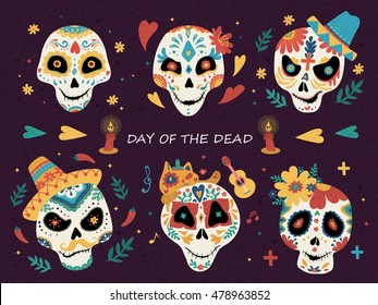 Day Of The Dead Poster, Mexican Sugar Skulls Emoticons