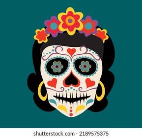 Day of the Dead poster. Muertos Dead Day Fashion design decoration print. Vector poster with sugar festive skull dark background. Greeting invitation vector illustration