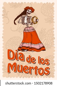 Day of the Dead Poster on a colored background. The skeleton is dancing in a Mexican outfit. In Spanish Dia De Los Muertos. National religious holiday with happy skulls. Hand drawn engraved banner.
