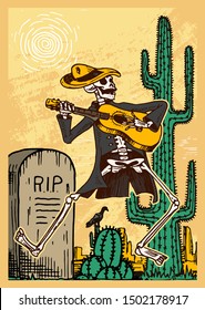 Day of the Dead Poster on a colored background. Skeleton dancing and playing the guitar. In Spanish Dia De Los Muertos. National religious holiday with happy skulls. Hand drawn engraved Mexican banner