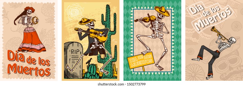 Day of the Dead Poster on a colored background. Skeletons dance and play musical instruments. In Spanish Dia De Los Muertos. Religious holiday with happy skulls. Hand drawn engraved banner Set.