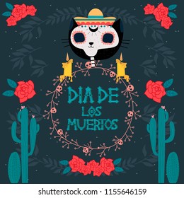 Day of the dead poster with skeleton cat and cactus, Mexican traditional holiday. Mexican wording translation: "Day of the dead". Editable vector illustration