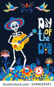 The day of the Dead. Poster with skeleton mariachi with guitar in sambrero and lettering.Vector illustration on black background