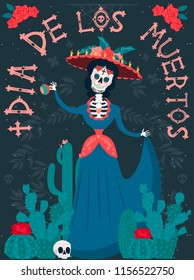 Day of the dead poster with skeleton, Mexican traditional holiday. Mexican wording translation: "Day of the dead". Editable vector illustration