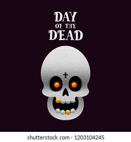 Day of the dead poster with skull on dark background vector
