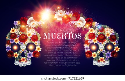 Day of the Dead Poster Template with Traditional Mexican Scull with Flowers and Light Effects. Dia de los Muertos.Vector illustration