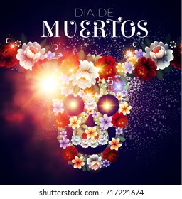 Day of the Dead Poster Template with Traditional Mexican Scull with Flowers and Light Effects. Dia de los Muertos.Vector illustration