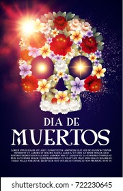 Day of the Dead Poster Template with Traditional Mexican Scull with Flowers and Light Effects. Dia de los Muertos.Vector illustration
