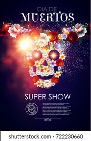 Day of the Dead Poster Template with Traditional Mexican Scull with Flowers and Light Effects. Dia de los Muertos.Vector illustration
