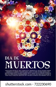 Day of the Dead Poster Template with Traditional Mexican Scull with Flowers and Light Effects. Dia de los Muertos.Vector illustration
