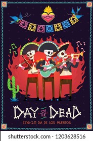 Day of the dead poster with three mariachi playing music and birds over them carry paper flag garland. Vector illustration