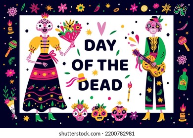 Day of Dead poster. Traditional holiday celebrating. Party invitation. Man and woman skeletons in folk costumes. Muertos carnival. Sugar skulls. Mexican festival. Garish