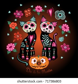 Day of the dead poster, two cats in love, pumpkins and flowers in Mexican style. Dea de los muertos card.