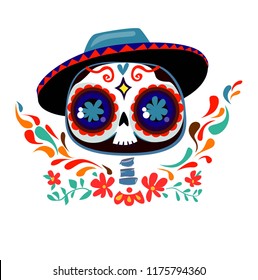 Day of the Dead poster Vector Illustration, Decor skull and bones, cartoon character. 