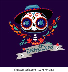 Day of the Dead poster Vector Illustration, Decor skull and bones, cartoon character. 
