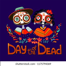 Day of the Dead poster Vector Illustration, Decor skull and bones, cartoon character. 