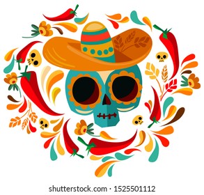 Day of the Dead poster Vector Illustration, Decor skull and bones, cartoon character. Dia de Los Muertos. 