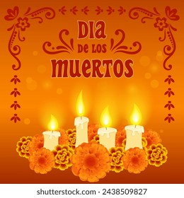 
Day of the dead poster. Vector illustration of Dia de los muertos card with burning candles flowers marigold on orange background