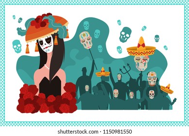 Day of the dead poster with a woman and people in sombrero and sugar skull. Vector cartoon flat concept illustration for a Mexican holiday dia de los muertos.