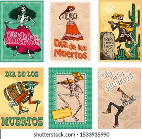 Day of the Dead Posters on a colored background. Skeletons dance and play musical instruments. In Spanish Dia De Los Muertos. Religious holiday with happy skulls. Hand drawn engraved banner Set.