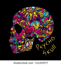 Day of the Dead Psychedelic Mexican Textured Skull 60s Colors Vector Illustration
