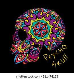 Day of the Dead Psychedelic Mexican Textured Skull 60s Colors Vector Illustration
