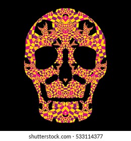 Day of the Dead Psychedelic Mexican Textured Skull 60s Colors Vector Illustration