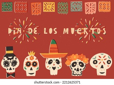 Banner de estilo retro del Día de los Muertos A5, volante, tarjeta de saludo. Dia de Los Muertos: Letras españolas, cráneos de azúcar en un sombrero, con corbata de arco, flores como Catrina Calavera. Ilustración vectorial.