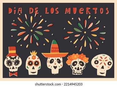 Banner de estilo retro del Día de los Muertos A5, volante vectorial, tarjeta de saludo. Letras españolas, fuegos artificiales, cráneos de azúcar en un sombrero con corbata de arco, flores como Catrina Calavera.