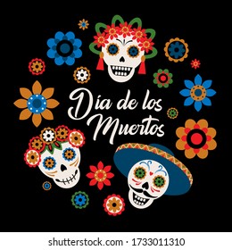 Day of the dead round pattern, dia de los muertos funny skulls and flowers vector print.