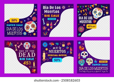 Dia dos modelos de banner de venda morta. Vetor mexicano férias quadrado cartões promocionais ou quadros para ofertas de compras e ofertas especiais. Dia de los Muertos promoções de desconto com crânios de açúcar Calavera