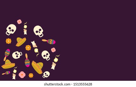 Day of the dead seamless art, mexican holiday celebration background with typography quote. Includes floral spring decoration, mariachi hat . EPS10 vector. 