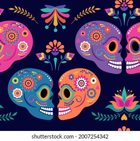 Day of the dead seamless pattern and background with colorful skulls and Mexican traditional flowers, Dia de los muertos banner. Fiesta, Halloween holiday poster, party flyer, funny greeting card