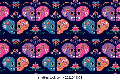 Day of the dead seamless pattern and background with colorful skulls and Mexican traditional flowers, Dia de los muertos banner. Fiesta, Halloween holiday poster, party flyer, funny greeting card