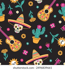 Day of the dead seamless pattern with cacti, guitars, skulls. Vector graphics.