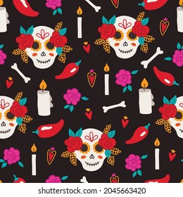 Day of the dead seamless pattern with candle, scull, rose, pepper, bone, heart on black background. Dia de los muertos. Perfect for Mexican holidays, wallpaper, wrapping paper. Vector illustration