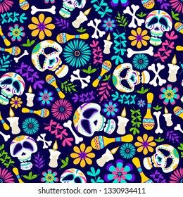 Day of the dead seamless pattern with candles, flowers, skeleton etc. Cheerful dia de los muertos card in cartoon style. Mexican holiday Day of the dead sugar skull pattern. Traditional mexican card