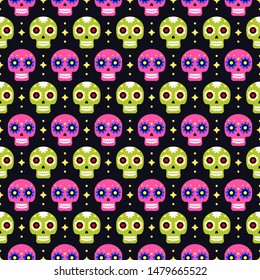 Day of the dead seamless pattern with colorful skulls on dark background. Traditional mexican Halloween design for Dia De Los Muertos holiday party. Ornament from Mexico.