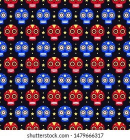 Day of the dead seamless pattern with colorful skulls on dark background. Traditional mexican Halloween design for Dia De Los Muertos holiday party. Ornament from Mexico.