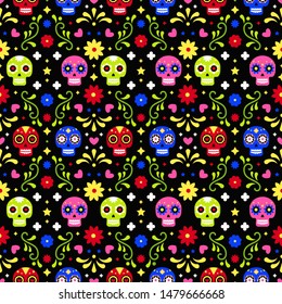 Day of the dead seamless pattern with colorful skulls and flowers on dark background. Traditional mexican Halloween design for Dia De Los Muertos holiday party. Ornament from Mexico.

