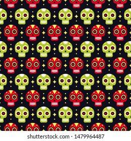 Day of the dead seamless pattern with colorful skulls on dark background. Traditional mexican Halloween design for Dia De Los Muertos holiday party. Ornament from Mexico.