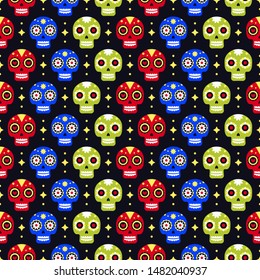 Day of the dead seamless pattern with colorful skulls on dark background. Traditional mexican Halloween design for Dia De Los Muertos holiday party. Ornament from Mexico.