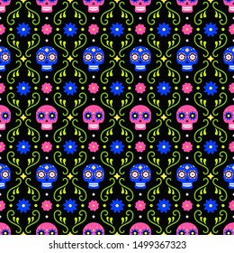 Day of the dead seamless pattern with colorful skulls and flowers on dark background. Traditional mexican Halloween design for Dia De Los Muertos holiday party. Ornament from Mexico.