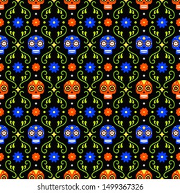 Day of the dead seamless pattern with colorful skulls and flowers on dark background. Traditional mexican Halloween design for Dia De Los Muertos holiday party. Ornament from Mexico.