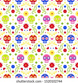 Day of the dead seamless pattern with colorful skulls and flowers on white background. Traditional mexican Halloween design for Dia De Los Muertos holiday party. Ornament from Mexico.