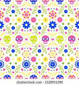 Day of the dead seamless pattern with colorful skulls and flowers on white background. Traditional mexican Halloween design for Dia De Los Muertos holiday party. Ornament from Mexico.