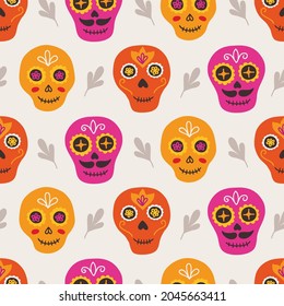 Day of the dead seamless pattern with colorful sculls and branches on white background. Dia de los muertos. Perfect for Mexican holidays, wallpaper, wrapping paper, fabric. Vector illustration