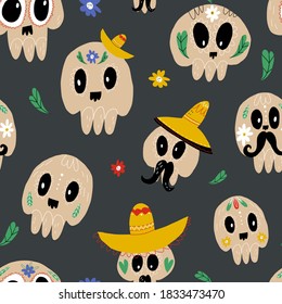 Day of the dead seamless pattern with cute various sugar skulls with mustaches, wearing traditional Mexican hat sombrero, flower and leaves nearby. Vector illustration on dark grey background.