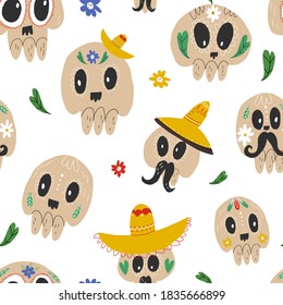 Day of the dead seamless pattern with cute various sugar skulls with mustaches, wearing traditional Mexican hat sombrero, flower and leaves nearby. Vector illustration on isolated background.